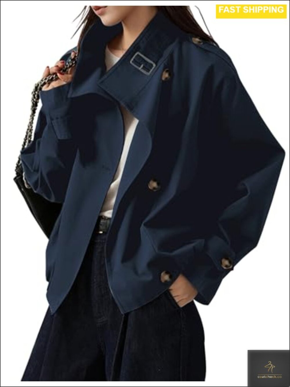 Cropped Trench Coat Cotton Blend Funnel Neck Casual Jacket for Women